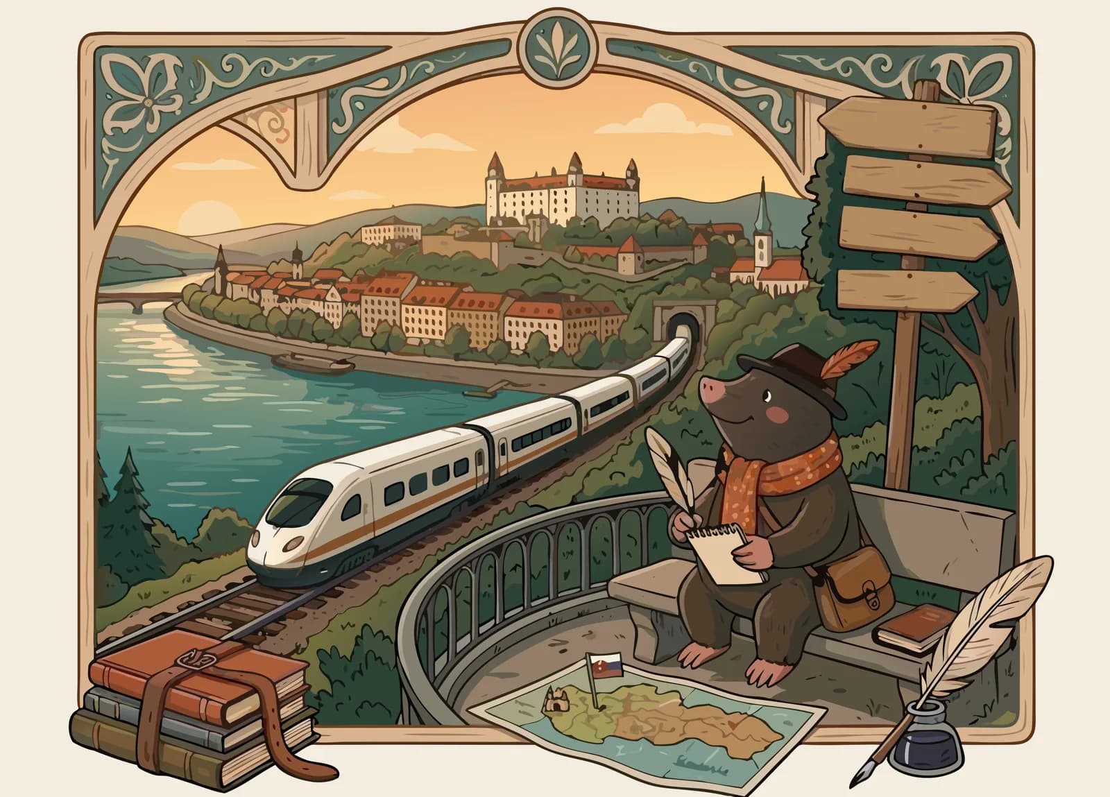 Ведмедик-маскот Polarny Expres махає рукою біля поїзда на тлі арки зі словацькими горами та церквою